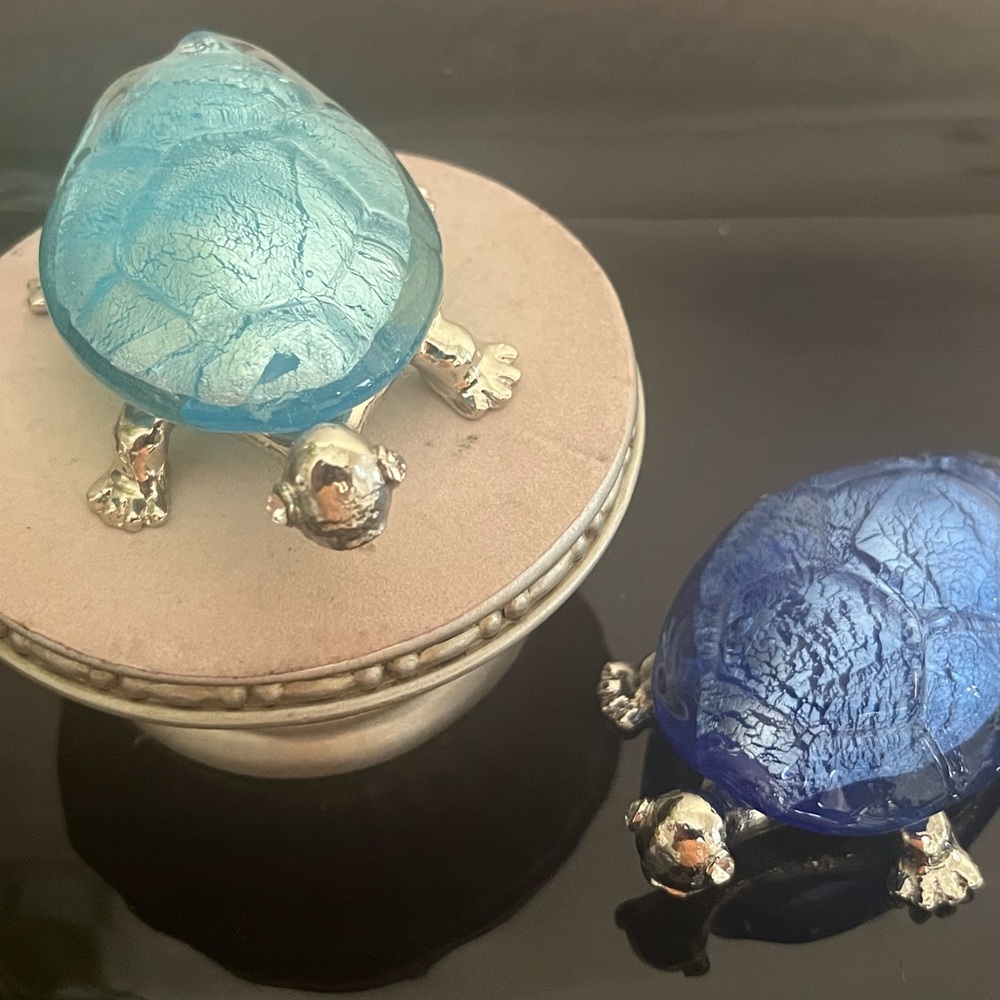 2 pc Blue & Teal GlassTop Shell Silver Turtles Paperweight /Decor /Figurine
